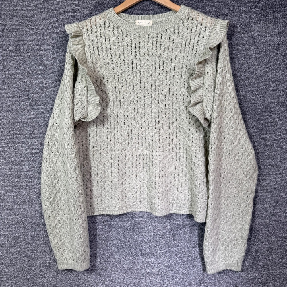 Rylee + Cru Knit Sweater Womens M Sage Green Ruffle Shoulder Pointelle